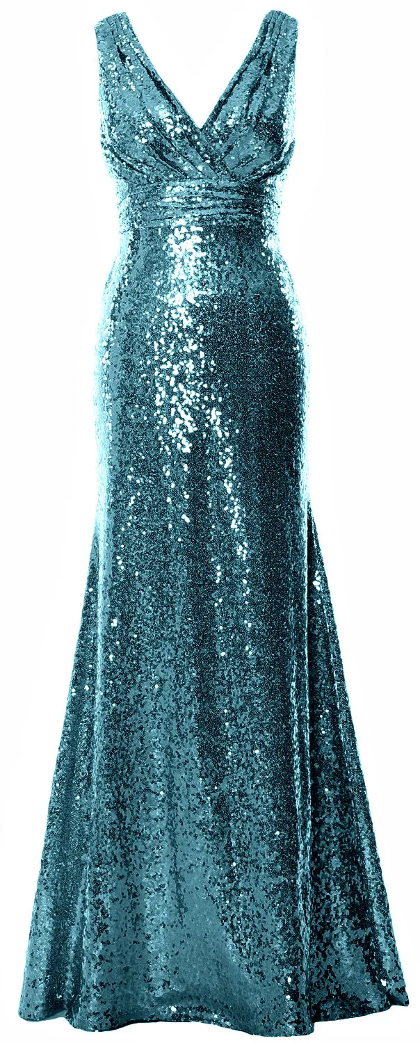 MACloth Women Mermaid V Neck Maxi Sequin Wedding Party Dresses Bridesmaid Prom