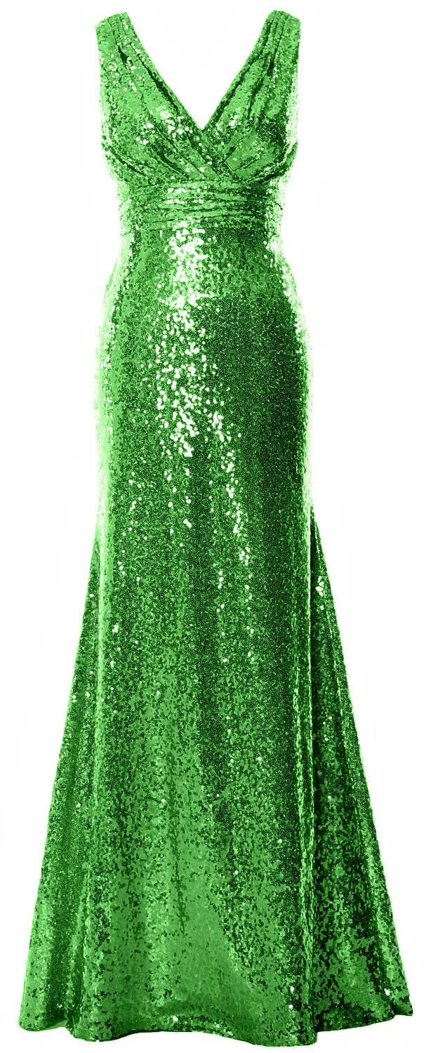 MACloth Women Mermaid V Neck Maxi Sequin Wedding Party Dresses Bridesmaid Prom