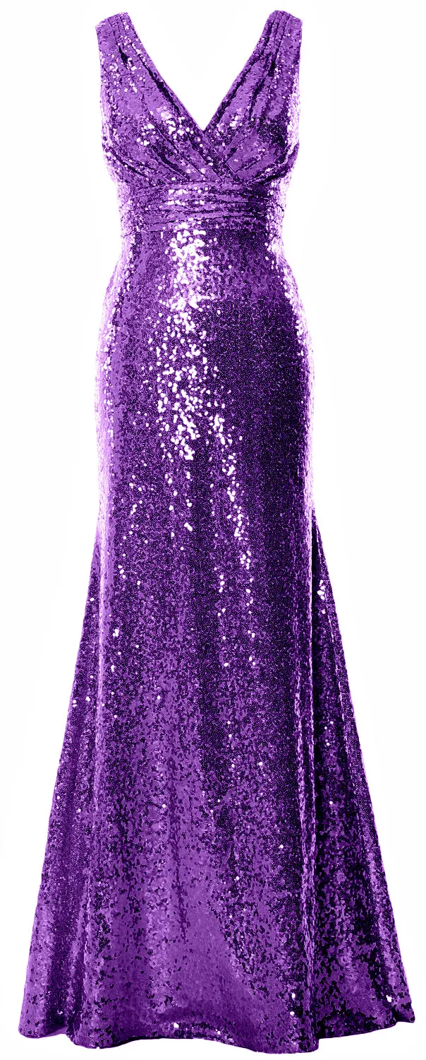 MACloth Women Mermaid V Neck Maxi Sequin Wedding Party Dresses Bridesmaid Prom