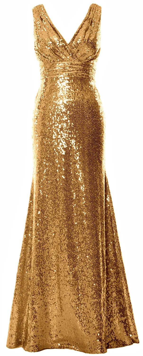 MACloth Women Mermaid V Neck Maxi Sequin Wedding Party Dresses Bridesmaid Prom