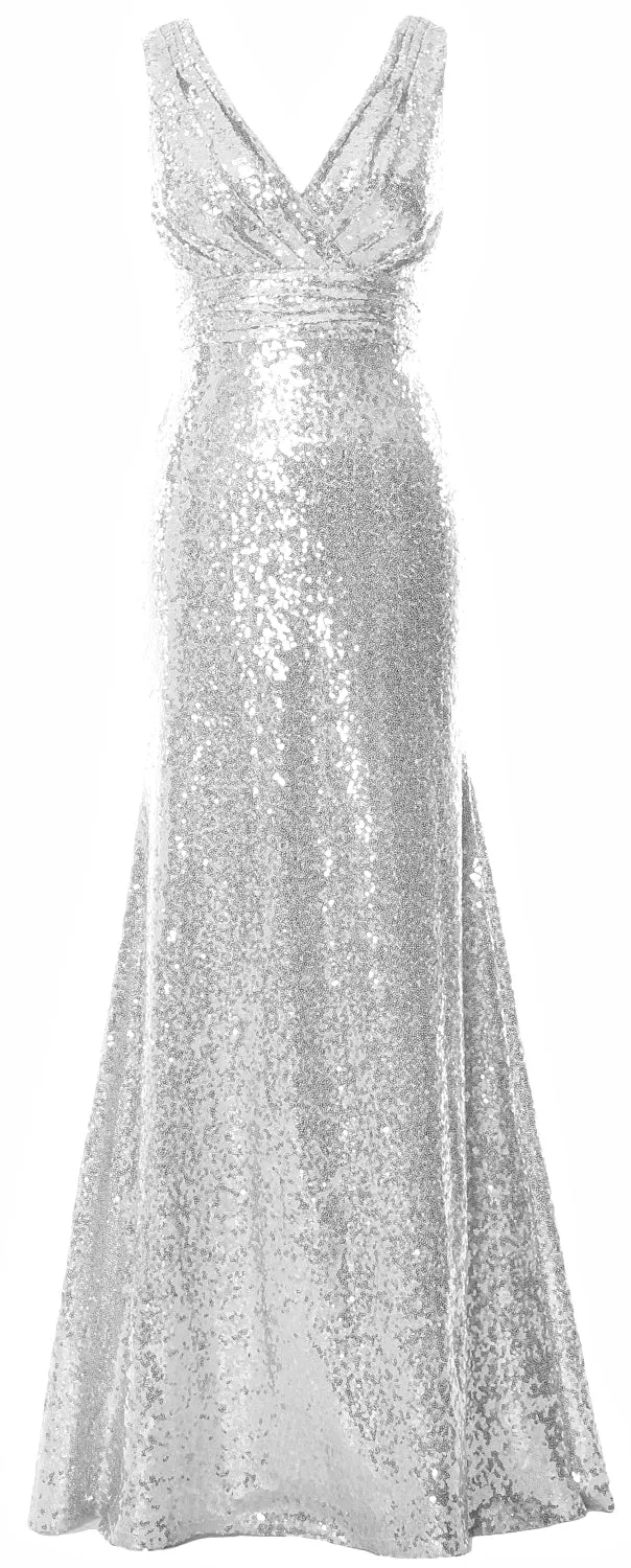 MACloth Women Mermaid V Neck Maxi Sequin Wedding Party Dresses Bridesmaid Prom