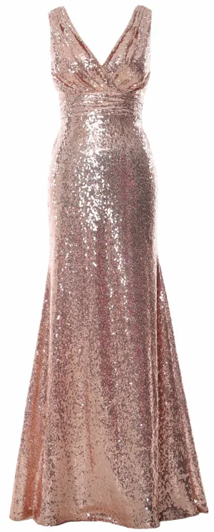 MACloth Women Mermaid V Neck Maxi Sequin Wedding Party Dresses Bridesmaid Prom