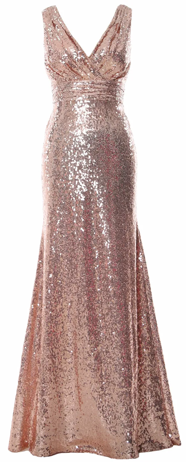 MACloth Women Mermaid V Neck Maxi Sequin Wedding Party Dresses Bridesmaid Prom