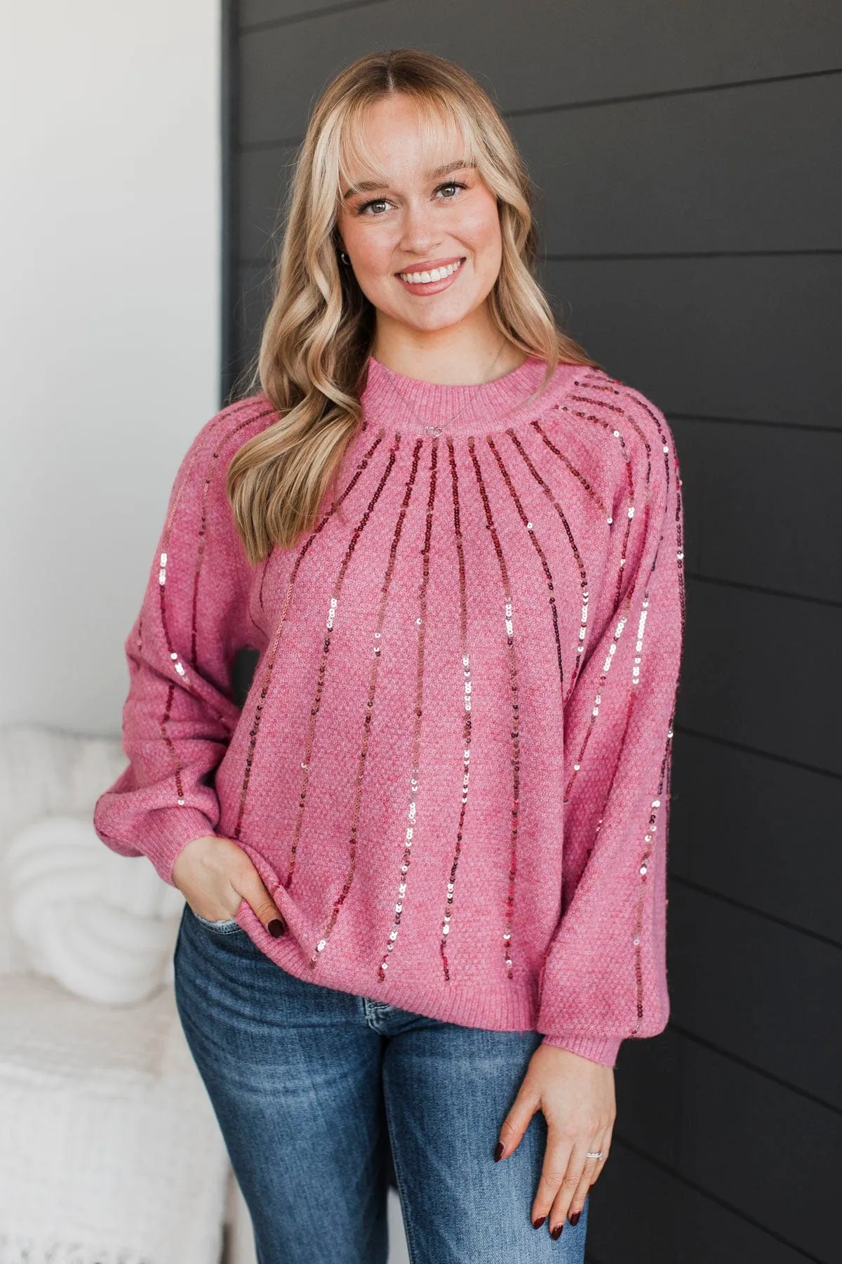 Major Confidence Sequin Knit Sweater- Pink