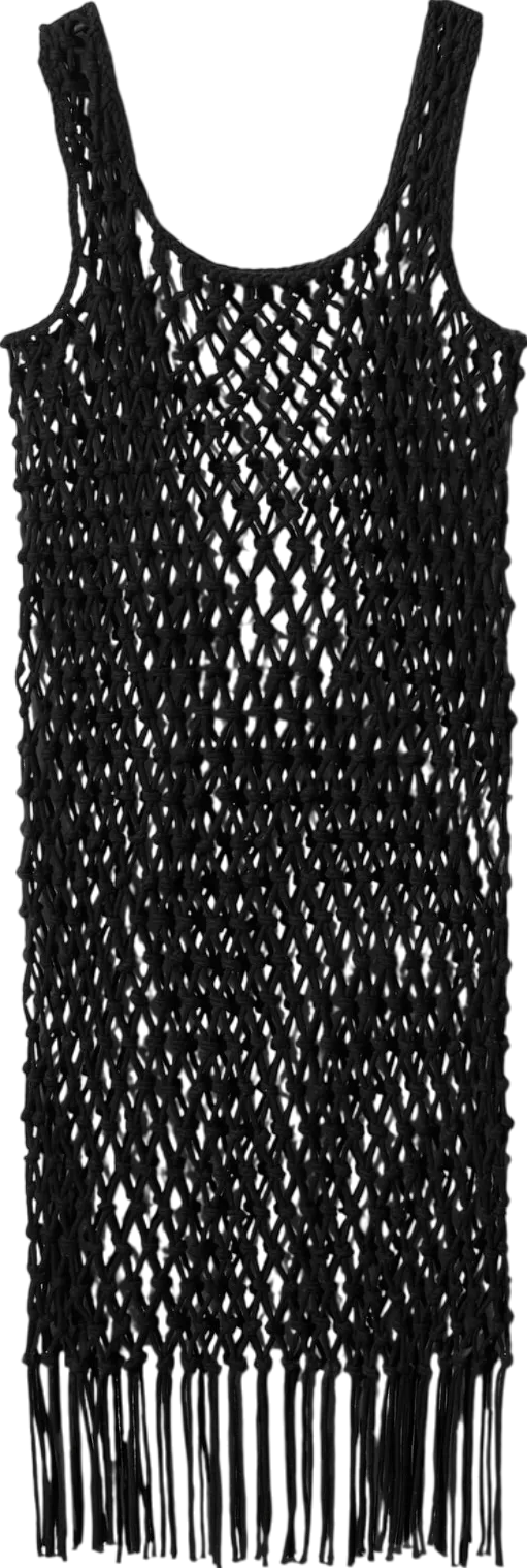 MANGO Black Mesh Dress With Fringe Detail UK 8