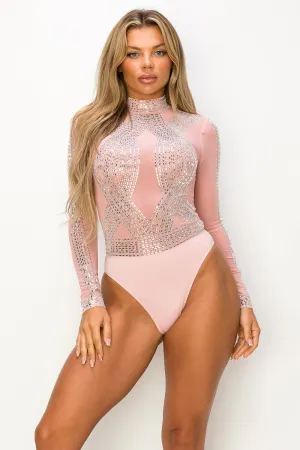 Mauve Rhinestone Mesh Long Sleeve Bodysuit 11/17/24 9316