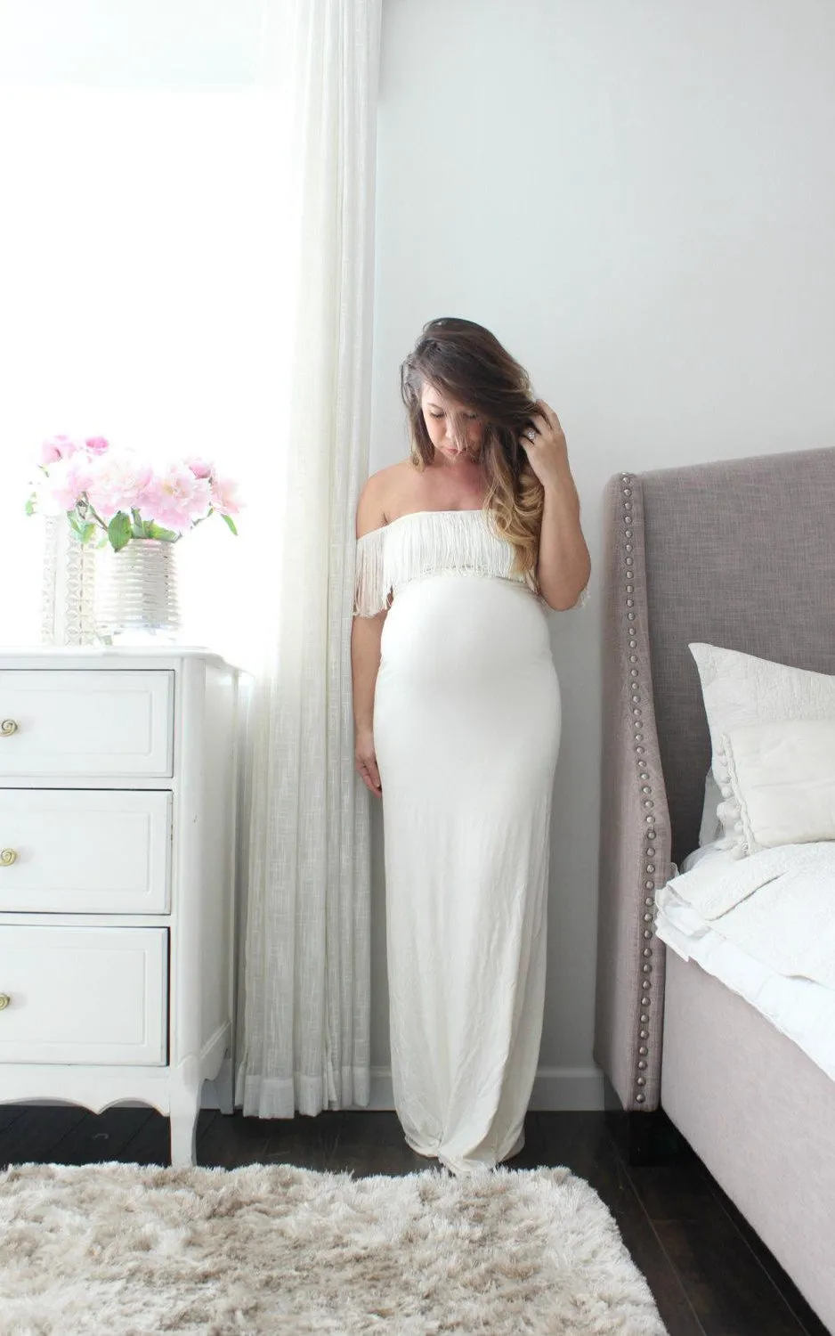 Maxi White Pregnant Fringe Gown-711732