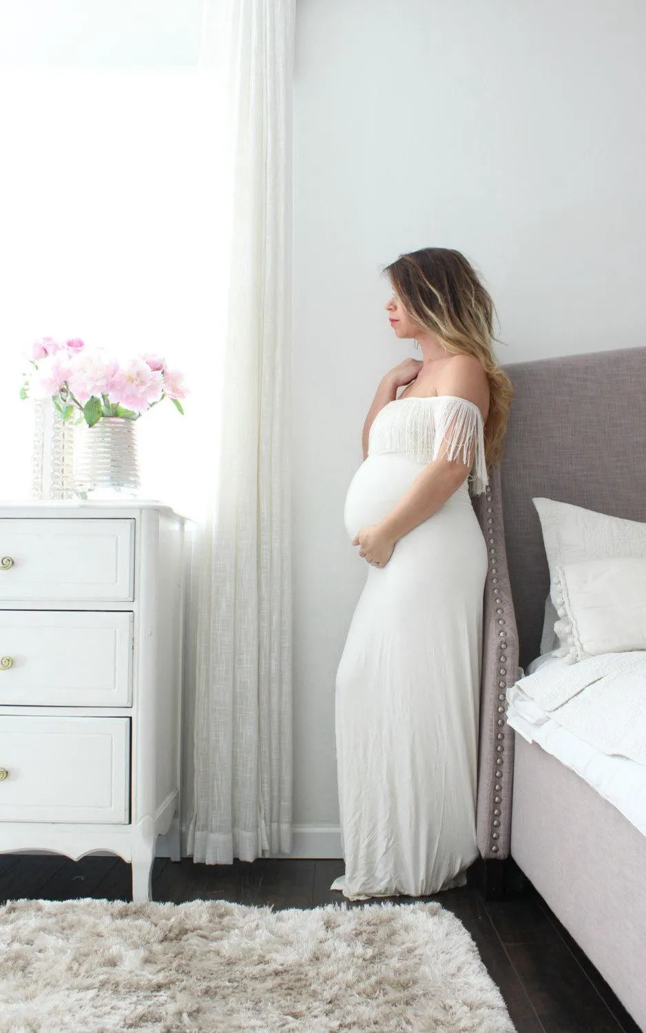 Maxi White Pregnant Fringe Gown-711732