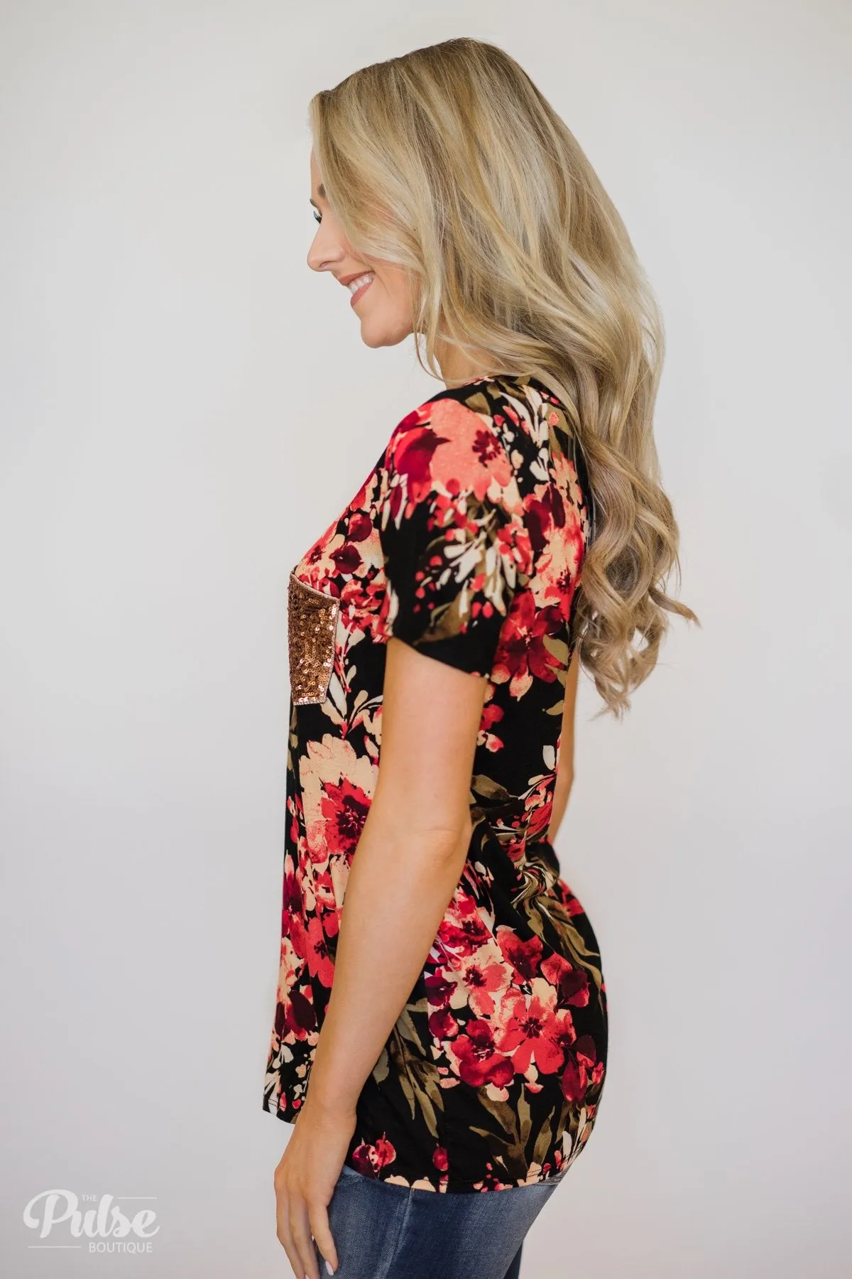 Meant to Be Floral Glam Pocket Top- Black