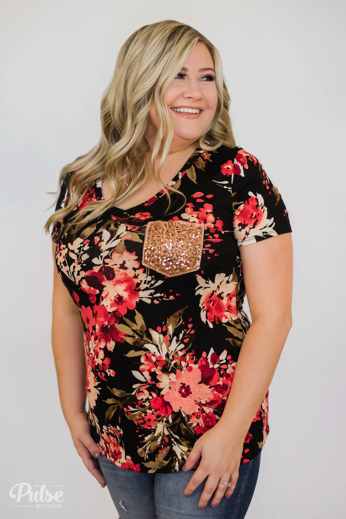 Meant to Be Floral Glam Pocket Top- Black
