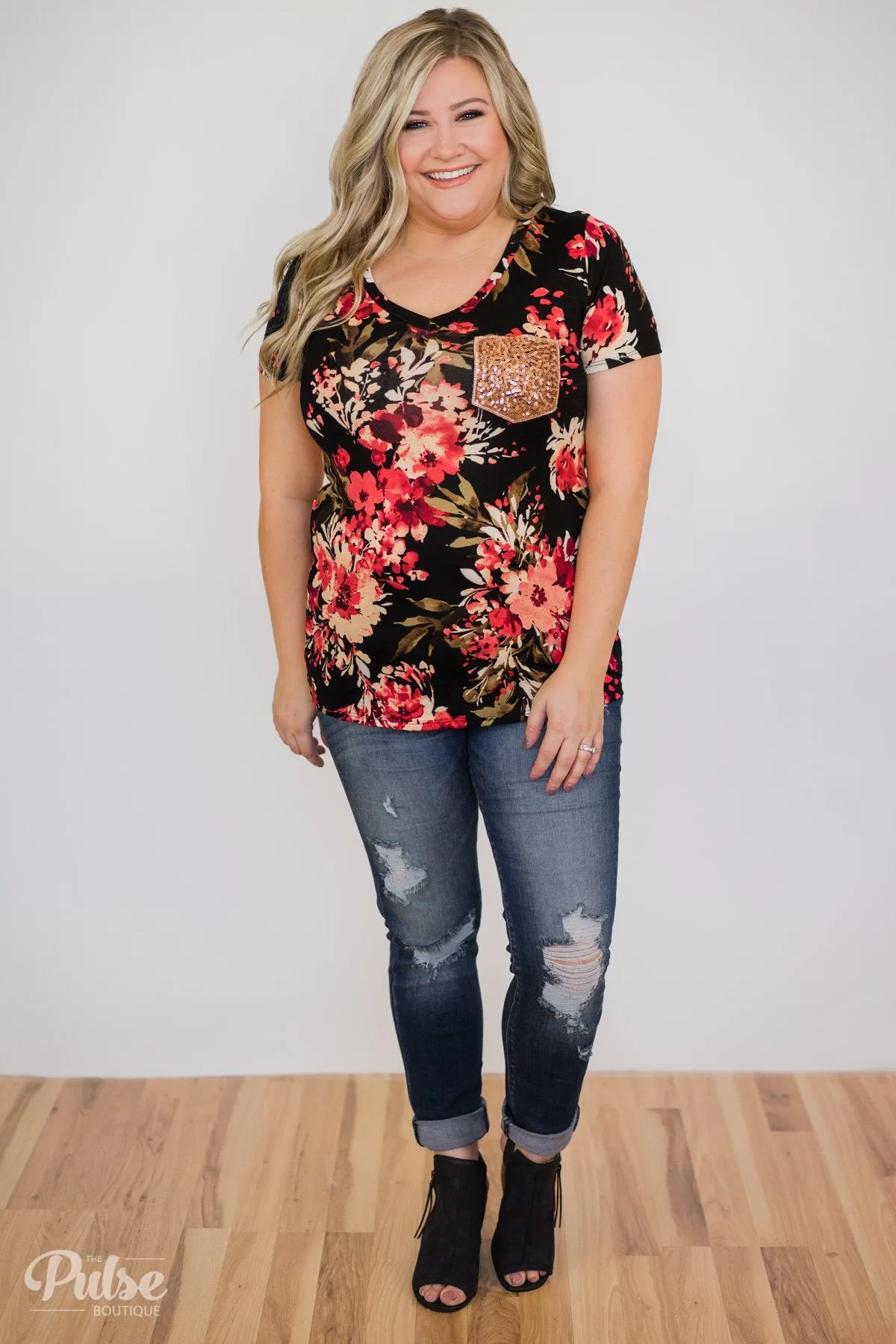 Meant to Be Floral Glam Pocket Top- Black