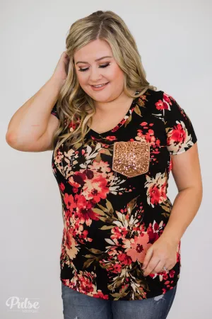 Meant to Be Floral Glam Pocket Top- Black