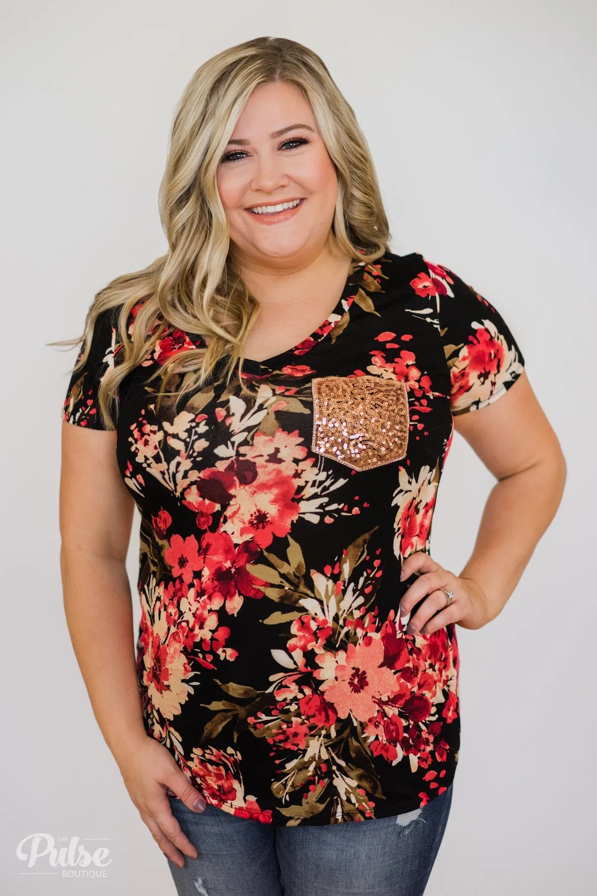 Meant to Be Floral Glam Pocket Top- Black