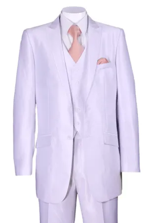 Mens 2 Button Vested Peak Lapel Shiny Sharkskin Suit in White