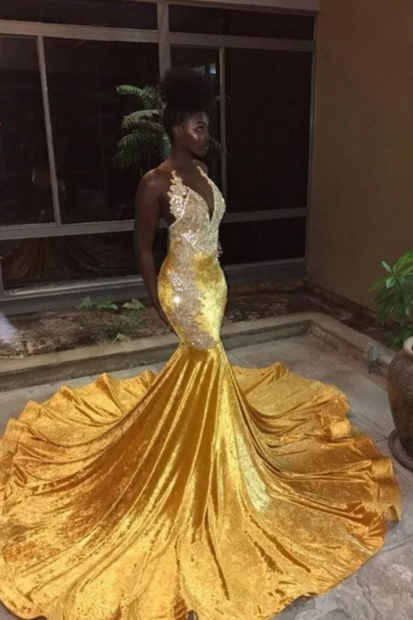 Mermaid Deep V-neck Halter Chapel Beading Prom Dress
