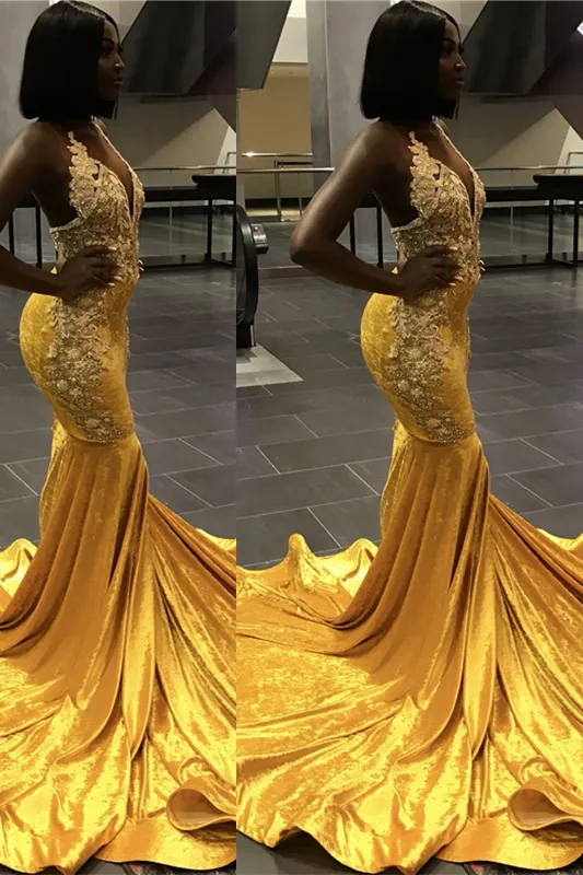 Mermaid Deep V-neck Halter Chapel Beading Prom Dress