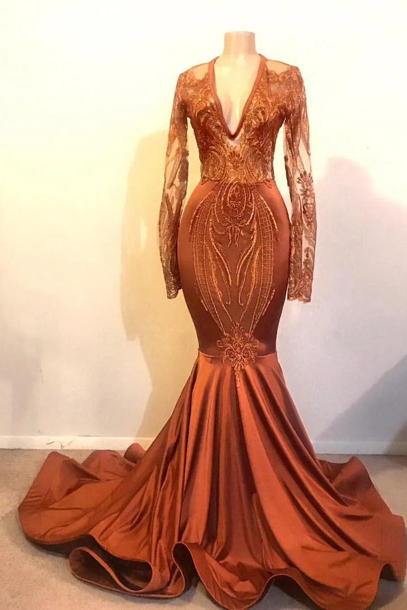 Mermaid Deep V-neck Long Sleeve Floor Length Chiffon Embroidery Prom Dress