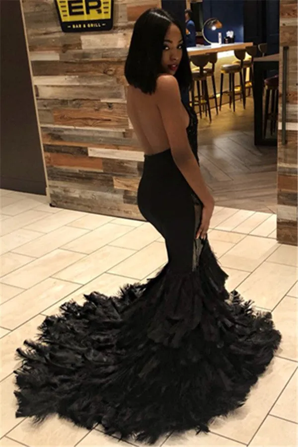 Mermaid Halter Backless Chapel Transparent Neckline Paillette Prom Dress