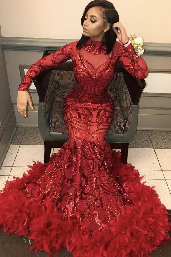 Mermaid High Collar Sweep Length Paillette Embroidery Prom Dress