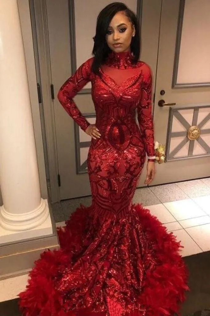 Mermaid High Collar Sweep Length Paillette Embroidery Prom Dress