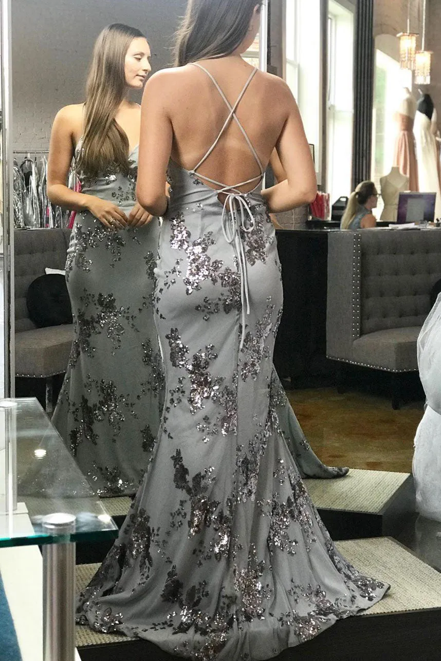 Mermaid Sequined Silver Prom Dress with Lace-Up Back
