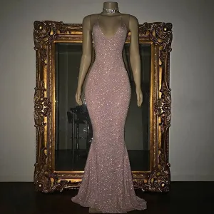 Mermaid Sleeveless Long Rose Pink Sequin Prom Dresses