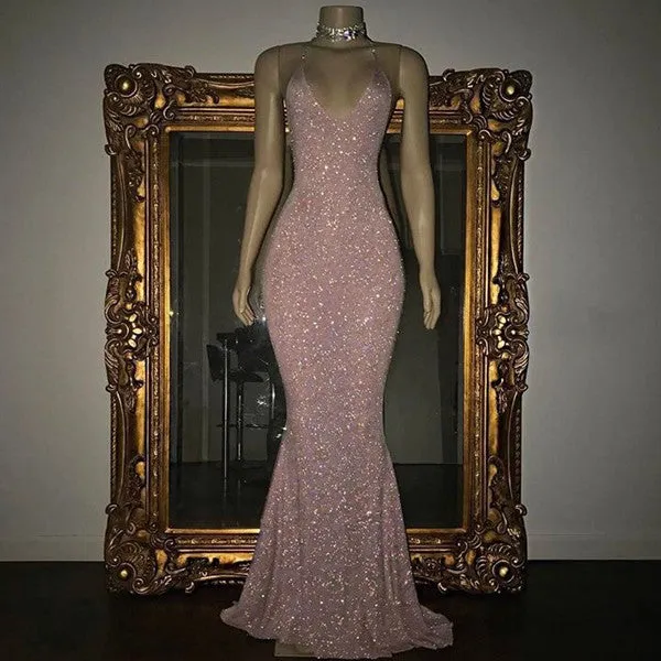 Mermaid Sleeveless Long Rose Pink Sequin Prom Dresses