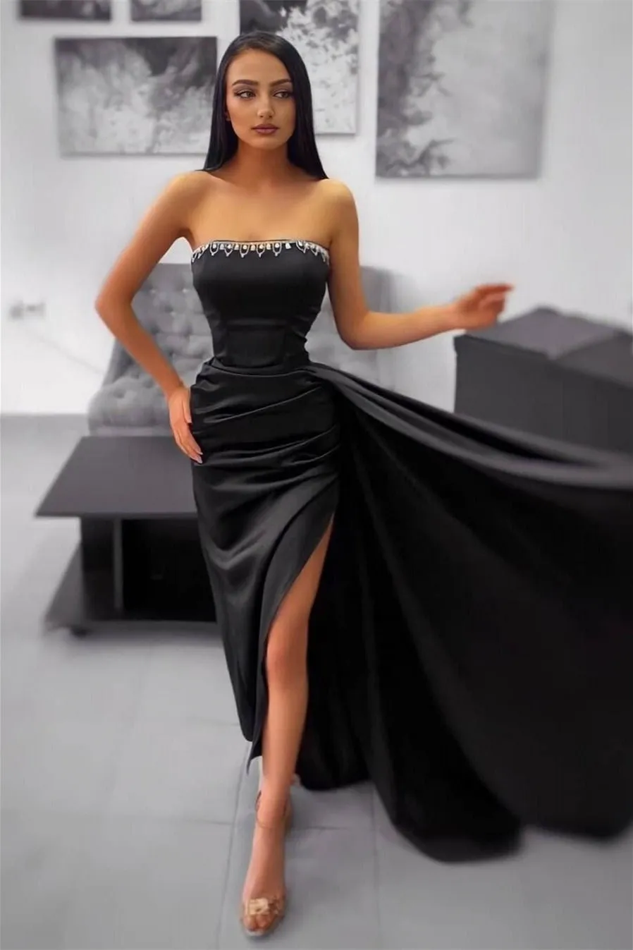 Mermaid Strapless High Split Sequined Floor-length Sleeveless Prom Dress