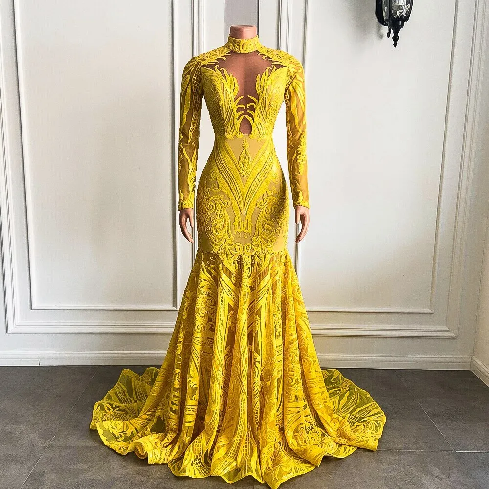 Mermaid Style Long Sleeve High Neck Yellow Sequin Long Prom Dresses