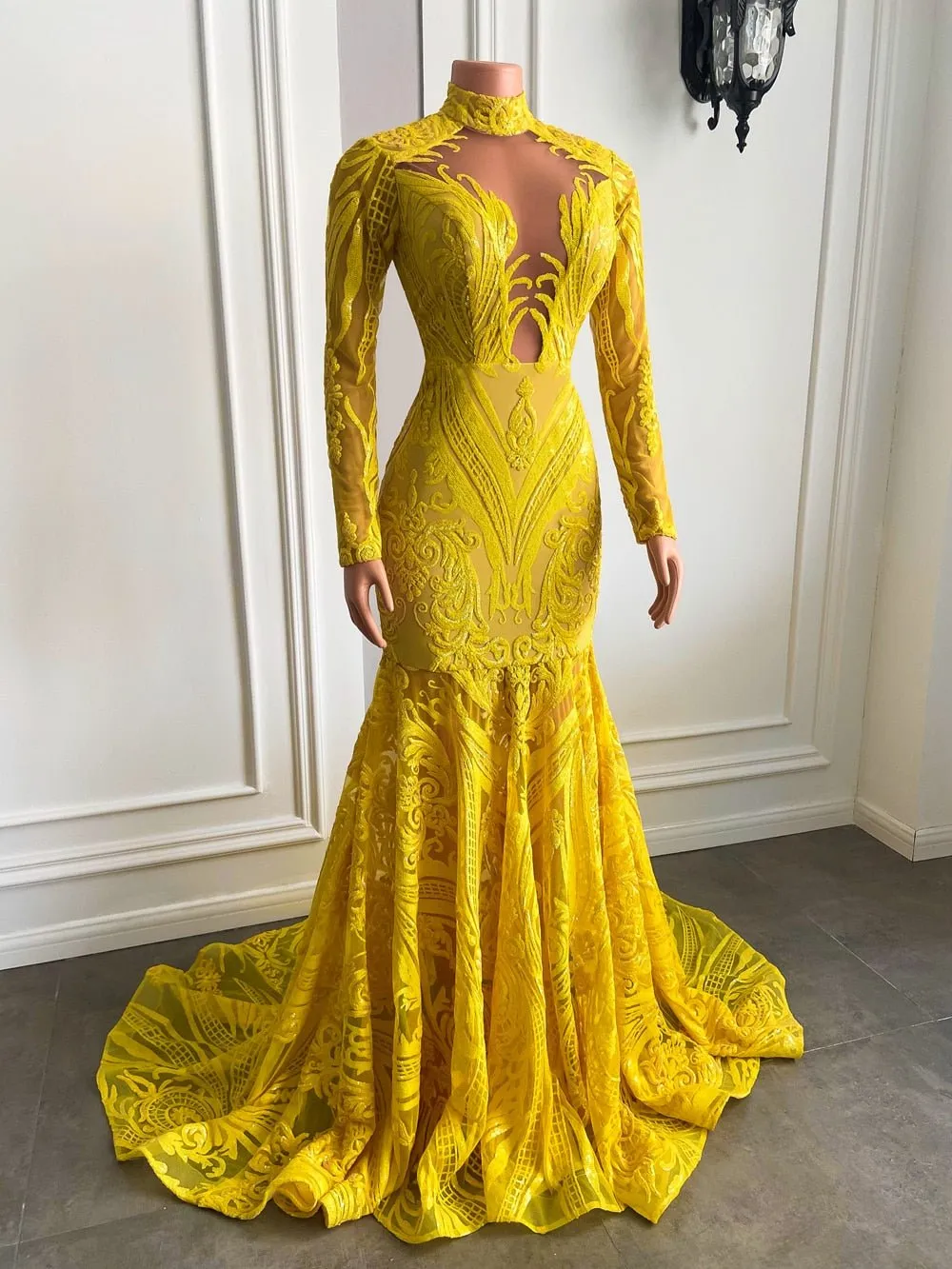 Mermaid Style Long Sleeve High Neck Yellow Sequin Long Prom Dresses