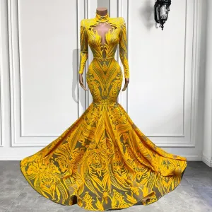Mermaid Style Long Sleeve High Neck Yellow Sequin Long Prom Dresses
