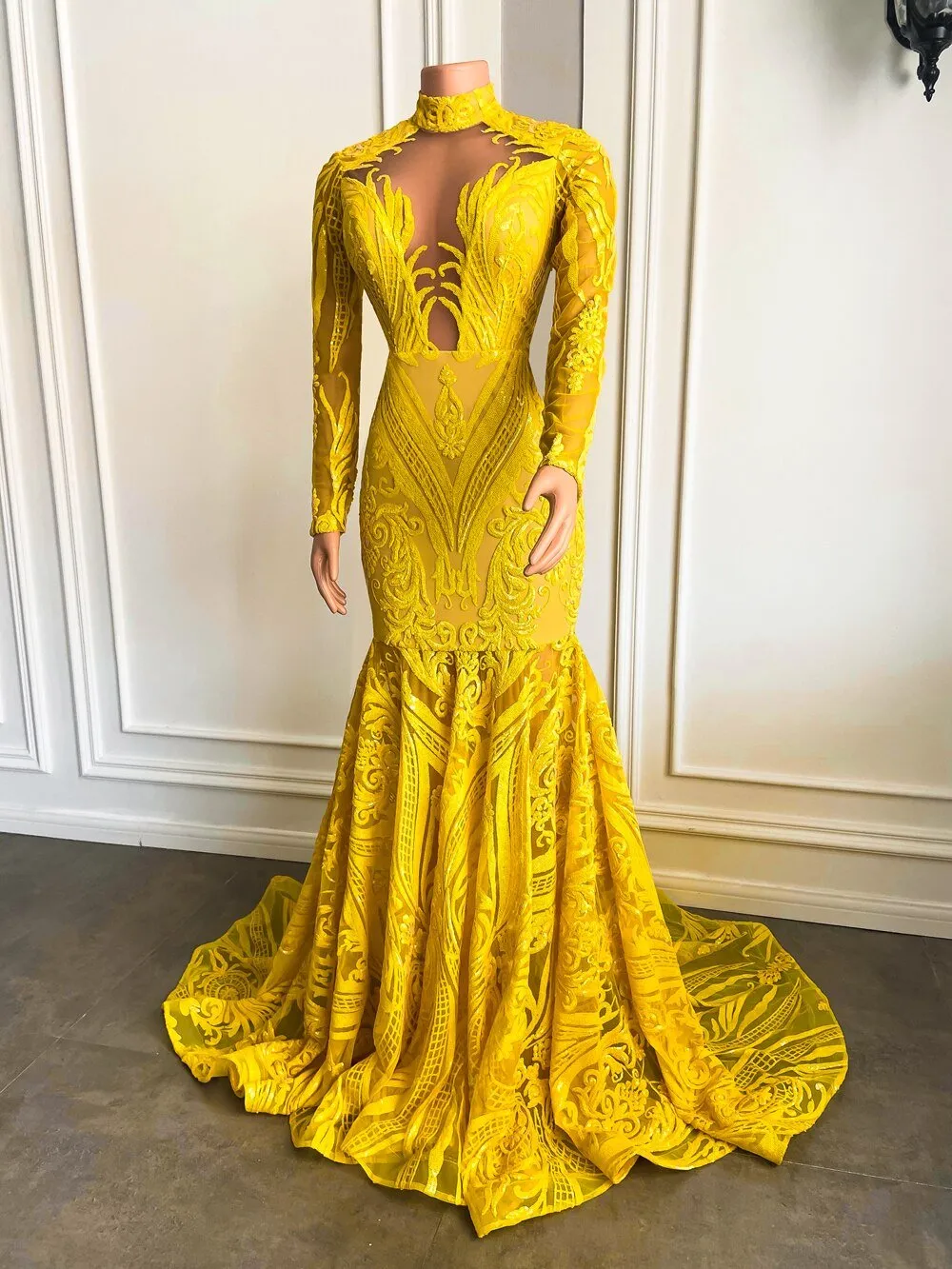 Mermaid Style Long Sleeve High Neck Yellow Sequin Long Prom Dresses