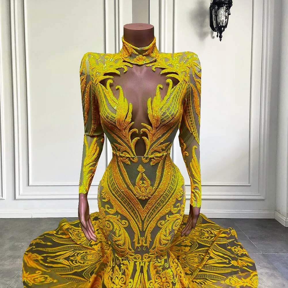 Mermaid Style Long Sleeve High Neck Yellow Sequin Long Prom Dresses