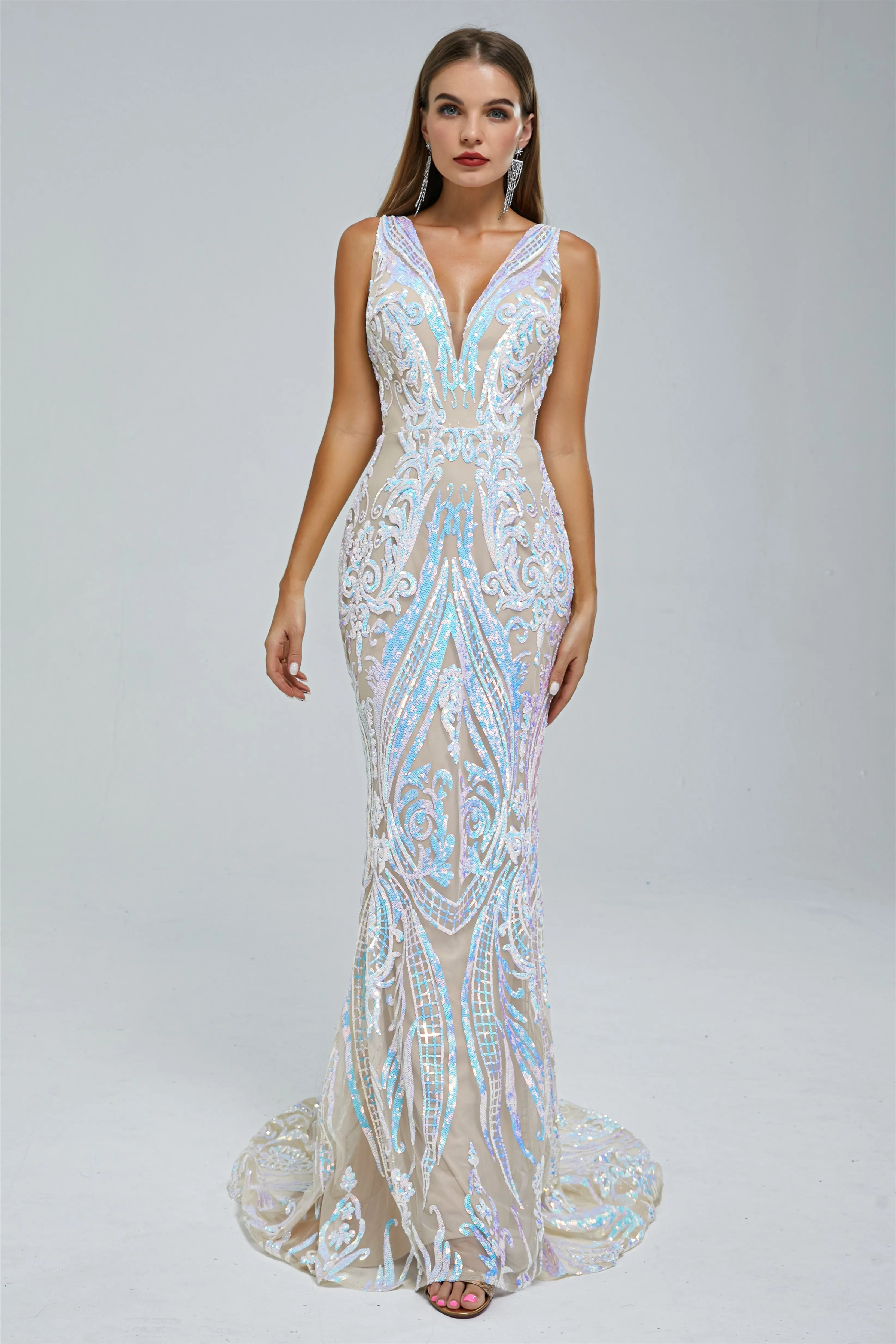 Mermaid V-neck Backless Lace Sequined Floor-length Long Sleeve Elegant Prom Dress