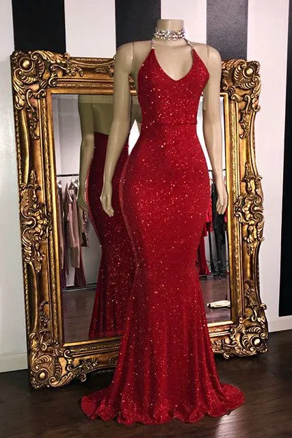 Mermaid V-neck Halter Floor Length Ruffle Hem Paillette Prom Dress