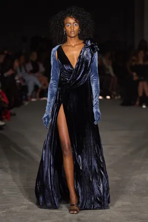 Metallic Velvet Stripe V Neck Draped Gown