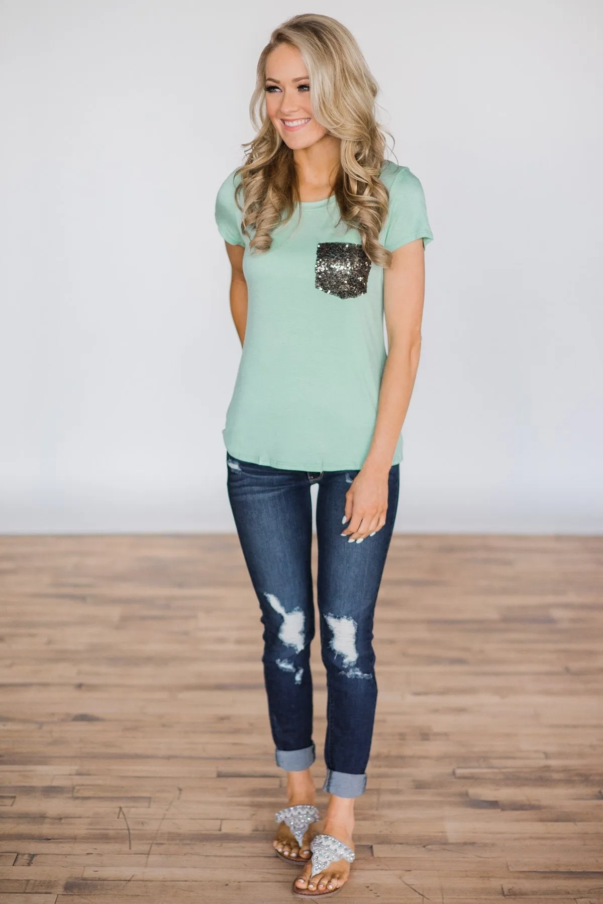 Mint Glam Pocket Short Sleeve Top