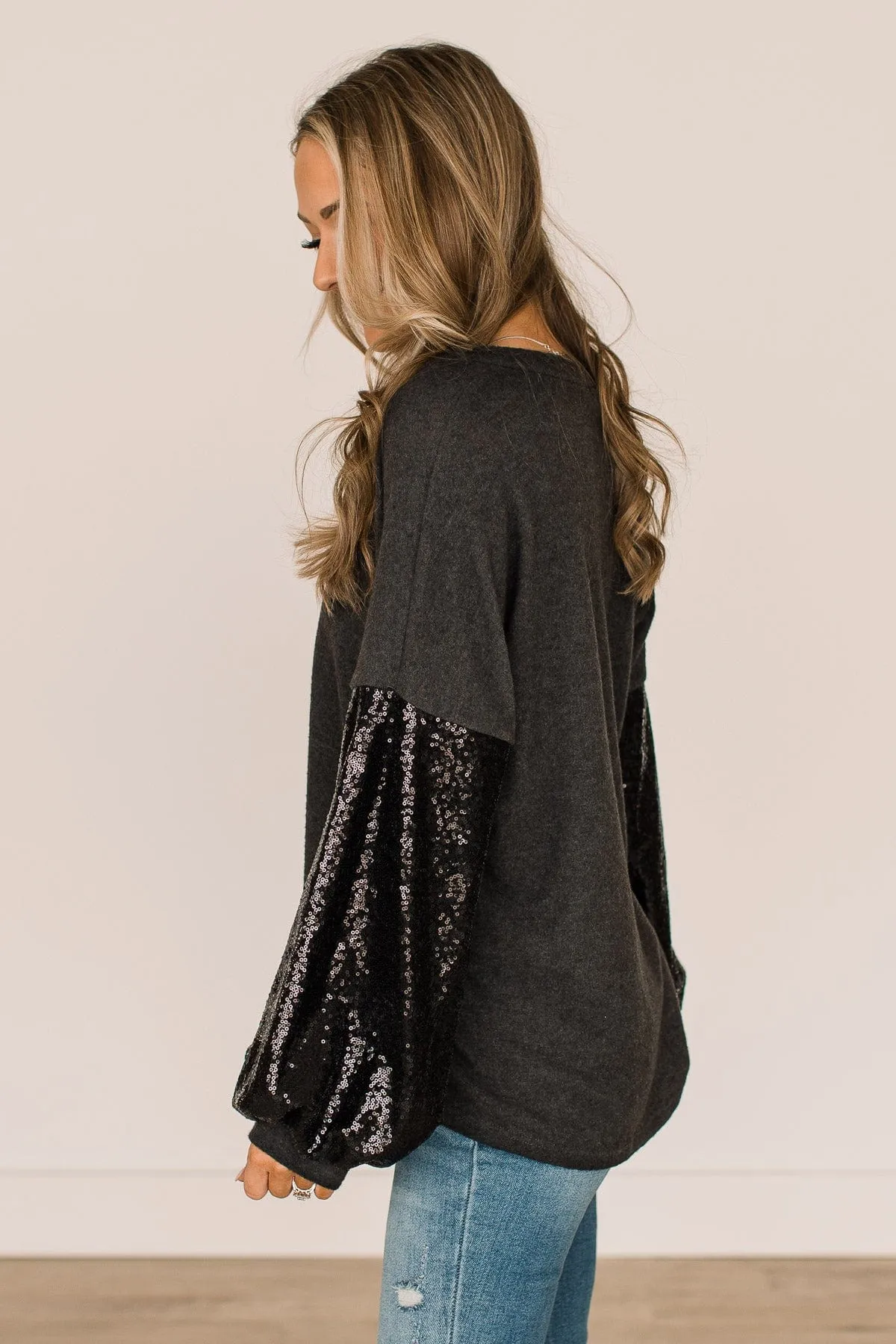 Moments Of Bliss Sequin Sleeve Top- Charcoal