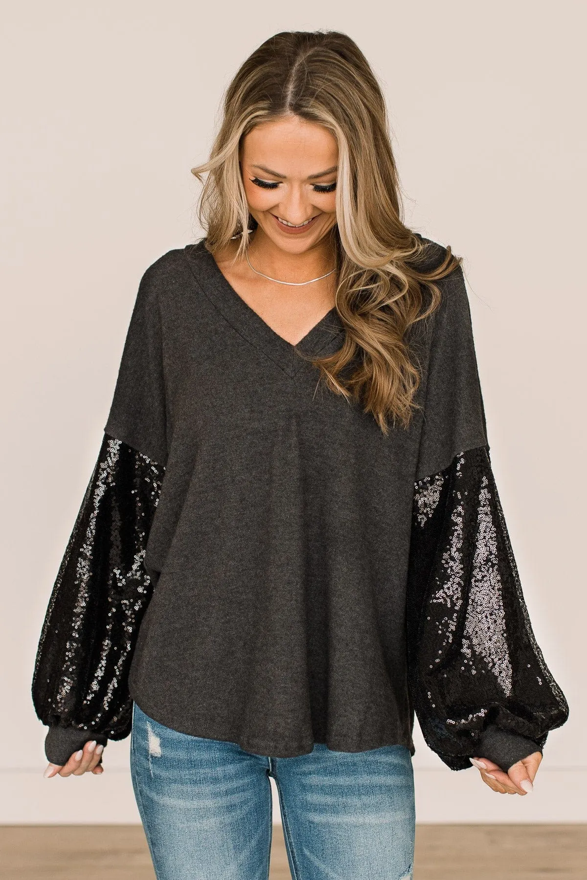 Moments Of Bliss Sequin Sleeve Top- Charcoal