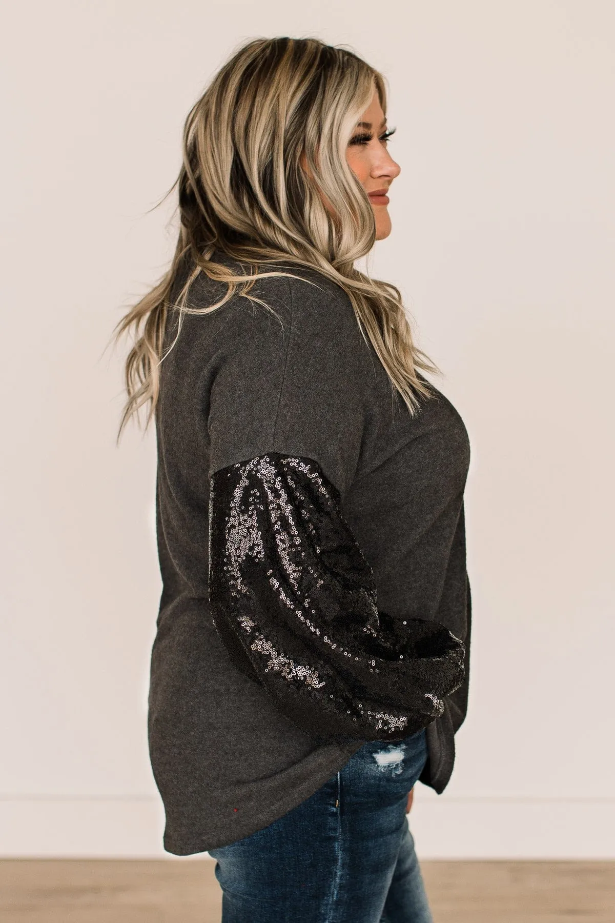 Moments Of Bliss Sequin Sleeve Top- Charcoal