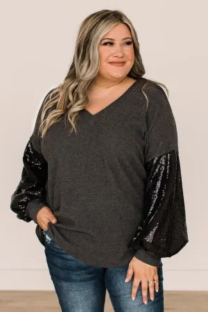 Moments Of Bliss Sequin Sleeve Top- Charcoal