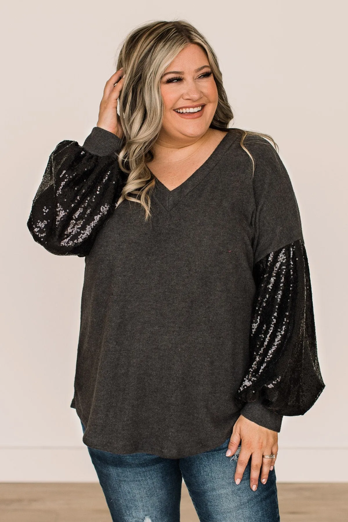 Moments Of Bliss Sequin Sleeve Top- Charcoal