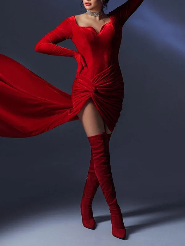 Momnfancy Elegant Red Velvet Bodycon Ruffle Side Slit Floor Mopping Maternity Occasion Maxi Dress