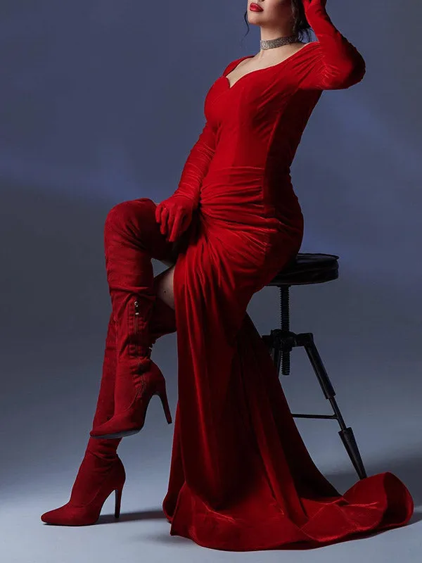 Momnfancy Elegant Red Velvet Bodycon Ruffle Side Slit Floor Mopping Maternity Occasion Maxi Dress