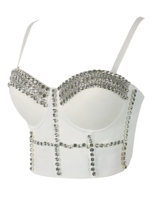 Momnfancy White Rhinestone Adjusted Spaghetti Strap Fashion Party Photoshoot Maternity Crop Top