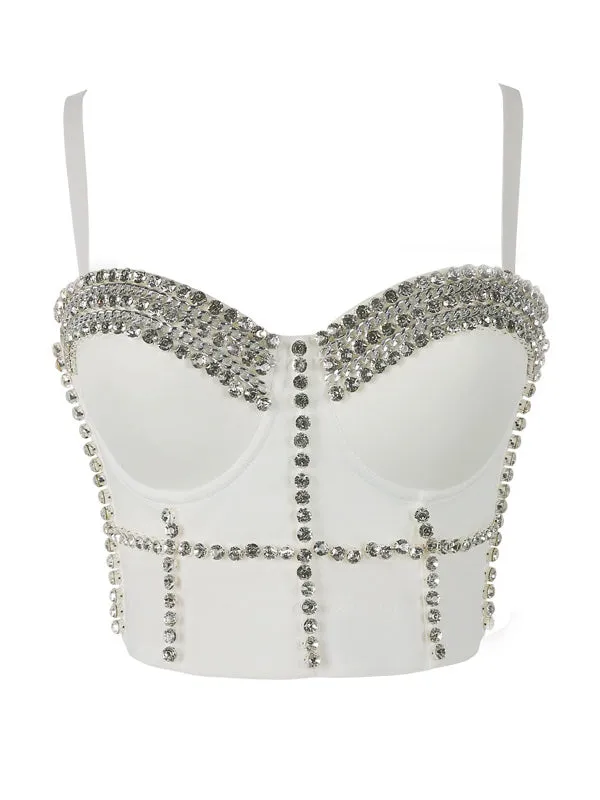 Momnfancy White Rhinestone Adjusted Spaghetti Strap Fashion Party Photoshoot Maternity Crop Top