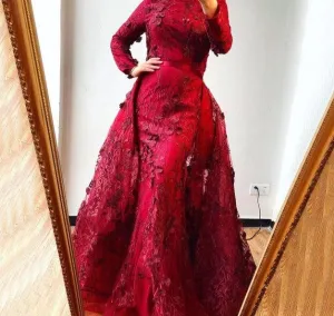 Muslim Romantic Pink Long Sleeves Evening Dresses High Neck Handmade Flowers Evening Gowns