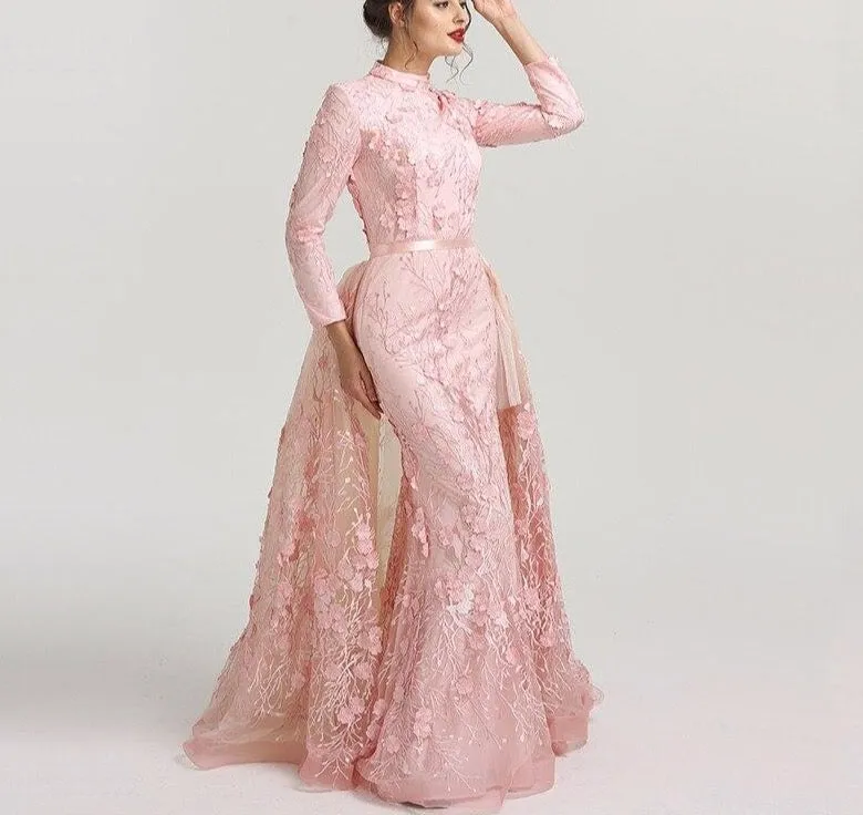 Muslim Romantic Pink Long Sleeves Evening Dresses High Neck Handmade Flowers Evening Gowns
