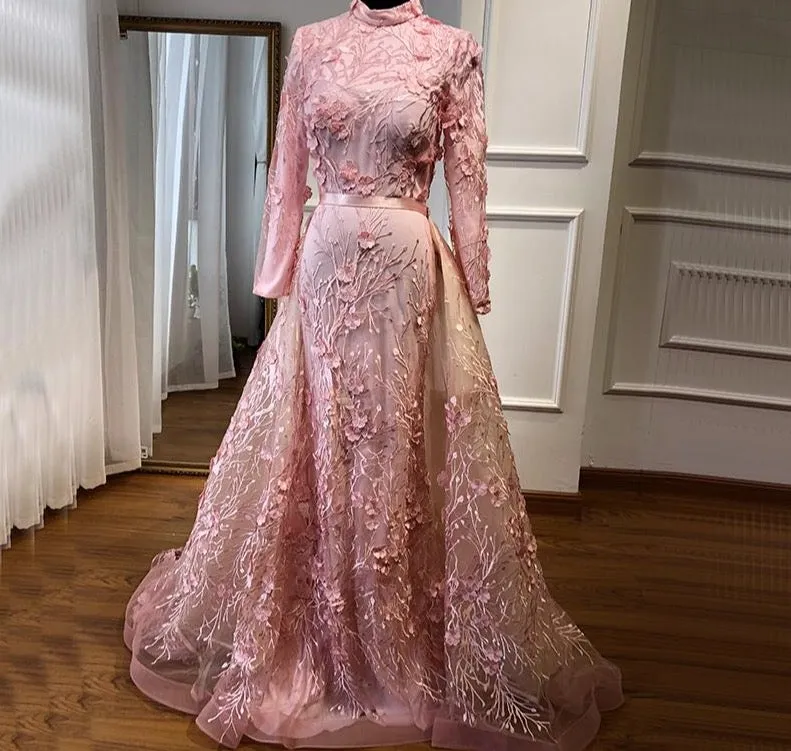 Muslim Romantic Pink Long Sleeves Evening Dresses High Neck Handmade Flowers Evening Gowns