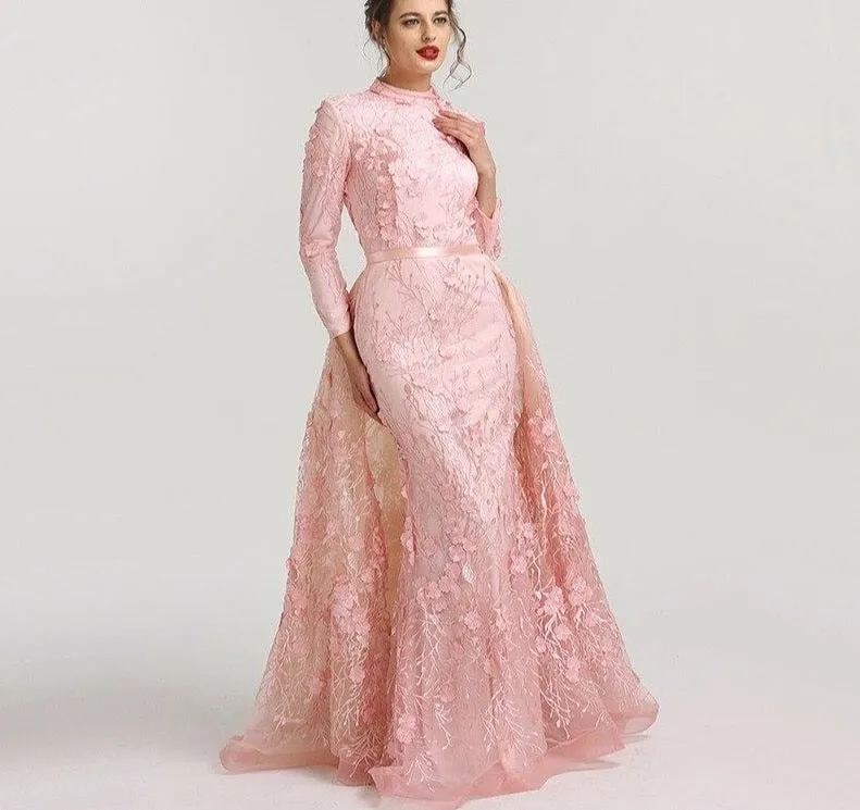 Muslim Romantic Pink Long Sleeves Evening Dresses High Neck Handmade Flowers Evening Gowns